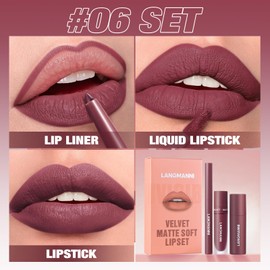 3-in-1 Matte Velvet Lipstick Set, 3 Pieces Matte Lipstick + Matte Liquid Lipstick + Lip Liner Set, Velvet Lipstick Long Lasting Lip Gloss Make Up Gift Set (#06, 1 Pack)