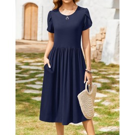 Zeagoo Womens Summer Dress with Pockets Solid Color Short Sundresses Aline Flowy midi Shirt Dress Hawaiian Dress o Neck Tunic Dress Navy Blue Dress,M