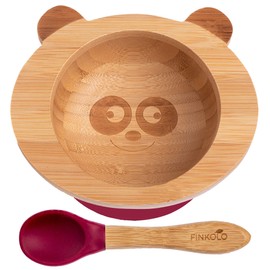 Finkolo Baby Bowl with Suction Cup and Spoon Made of Natural Bamboo | The Original 'Bambol' by Finkolo | Panda Shape | Learning Tableware | Food Set