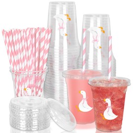 Whaline 50Pcs One Silly Goose Disposable Plastic Cups with Lids and Straws 12Oz Cute Pink Bow Goose Cold Beverage Drinking Cups for First Birthday Baby Shower Party Supplies