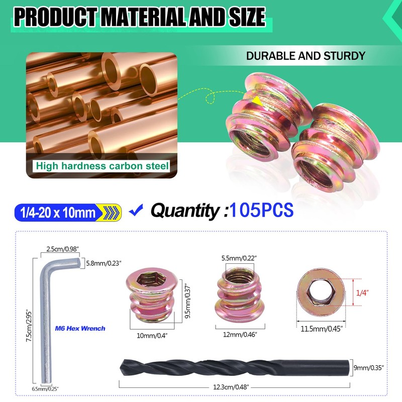 Twidec/105PCS 1/4"-20 Threaded Inserts for Wood Furniture Screw-in Nut Wood