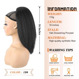 Rafabcici 16-Inch Yaki Straight Drawstring Ponytail Extension with Bangs for Black Women - Synthetic Clip-in Hairpiece for Daily Use(Natural Black)