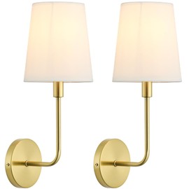 PASSICA Decor Hardwired Wall Sconces Set of 2, Gold Wall Lighting Fixture with Flared White Fabric Shade, Vintage Lamps for Living Room Bedroom Bathroom Hallway