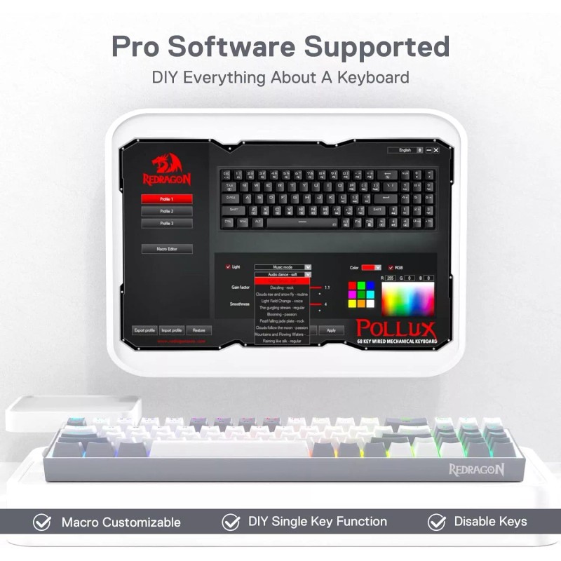 Redragon K628 Pollux 75% Wired RGB Gaming Keyboard, 78 Keys,