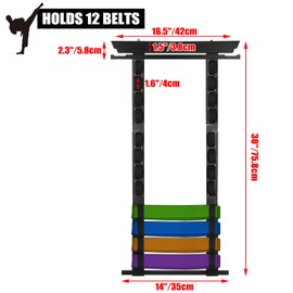 JUXYES Wall Hanging Martial Arts Belts Organizer for 8 12 Belts with Medal Hanger and Stickers, Bamboo Karate Belt Display Holder Rack, Taekwondo Belt Display Holder for Martial Arts Learners, Black