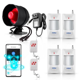 Upgraded Motion Sensor WiFi Security Alarm System Kit-Wireless 120db Loud Weatherproof Siren Horn with Remote Control&Motion Sensor Alarm Home Hotel Garage Shop Burglar Alarm System(Set B)