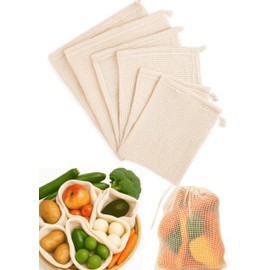 SOUS HOUSE Premium 100% Cotton Reusable Produce Mesh Bags, Pack of 6 (2L+2M+2S) Washable Mesh bags for vegetables, Lightweight Cotton Produce Bags, Machine Washable for Grocery- Beige