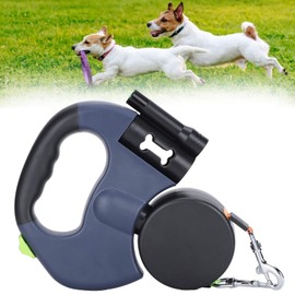 Dual Retractable Dog Leash, Double-Head Lockable Extendable Pet Leash with LED Flashlight, 9.8ft Reflective Nylon Ribbon, 360° - for Two Dogs Walking Training, Up to 110 lbs Total
