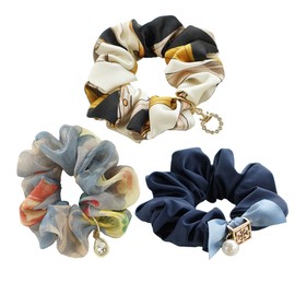 DILBABA Elegante Coletero De Gasa Floral Para Mujer: Accesorio Suave Y Elegante Para El Cabello (3 Colores: Azul, Verde Y Tinta)