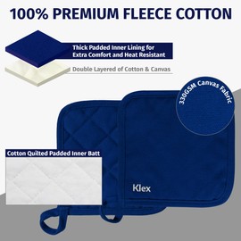 KLEX 4pcs 100% Thick Cotton Potholders for Oven Cooking and Baking, Durable 330GSM Hot Pads, Up to 482°F Degrees Heat Resistance Pot Holder, Heavy-Duty Cotton Canvas, Blue