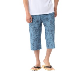 Little Island Men's Suteteko Takashima Chijimi, Made in Japan, Open Front, Full Elastic Waist, Half Pants, Japanese pattern green, M