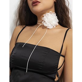 BERYUAN Bohemian Floral Wax Thread Tassel Necklace Vintage Rose Flower Choker Necklace Artificial Flower Statement Necklace for Women(off-white)