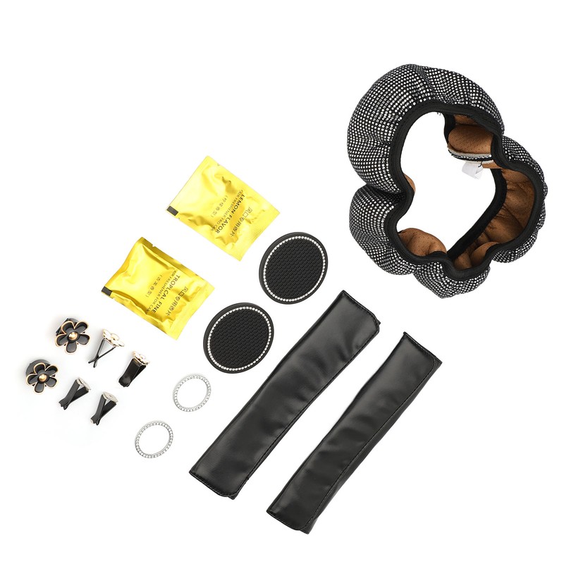 Bling Car Accessories Set Rhinestone Steering Wheel Cover Coaster Starter