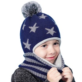 Vivi Idee Children's Slip-On Hat Scarf Hat Balaclava for Children from 4 Years Fleece Wool Hat Knitted Hat Winter Hat Boys, blue