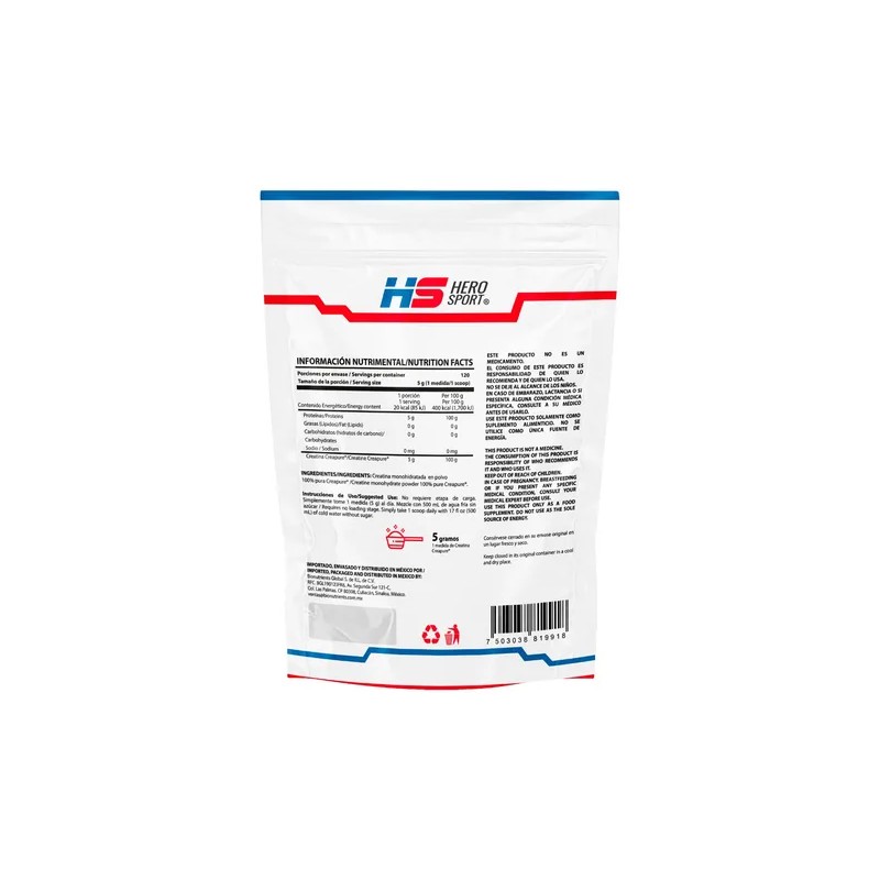 Hero Sport Creatina Monohidratada Creapure 600g 120 Servs
