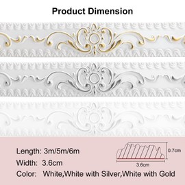 300cm*3.6cm Peel and Stick Wall Molding, Self-Adhesive Trim Molding, 3D Wall Trim for Mirror Edge, Furniture, Door Frame, Ceiling, Home Decoration(White with Gold)