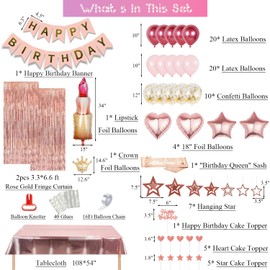 Women Girls Birthday Party Decorations, Rose Gold Foil Fringe Curtain, Happy Birthday Banner, Hanging Star, Metallic Tablecloth, Lipstick Crown Heart Confetti Balloons, Sash for Princess