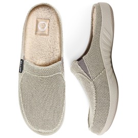 Plantar Fasciitis Slippers for Men with Arch Support, Canvas Orthotic Slipper for Men, Slip on Clog House Slipper with Indoor Outdoor Anti-Skid Rubber Sole, Beige, 12