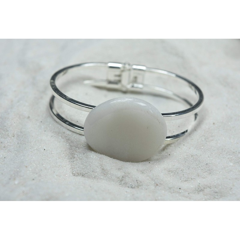 White Jade Stone Silver Bangle Cuff Bracelet