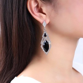 Cimenexe Bohemian Square Onyx Crystal Earrings Silver CZ Geometric Earrings Oval Black Crystal Earrings Long Paved Square Onyx Stud Earrings Jewellery for Women and Girls, Zinc, No Gemstone