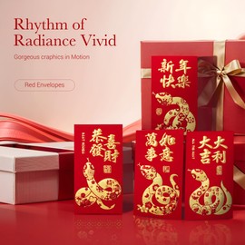 ThxToms Red Envelopes Chinese New Year, 36pcs Money Envelopes for Cash Christmas Lucky Money Hong Bao Red Pocket for Year of Snake 2025, Realistic Snake, 6 Designs, L