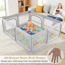 HONEY JOY Foldable Baby Playpen, 73" x 61.5" Large & Portable Baby Fence w/ 50 Ocean Balls, Pull Rings, Indoor & Outdoor Activity Center, Safety Play Yard w/Breathable Mesh, Play Pen for Toddlers