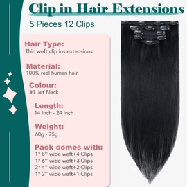 Rich Choices Clip-In Real Hair Extensions, Pack of 5, 35 cm, #1 Patent Black Hair Extensions, Real Hair, Remy Silky Straight, Invisible Clip-In Hair Extensions, Natural, Thin Wefts