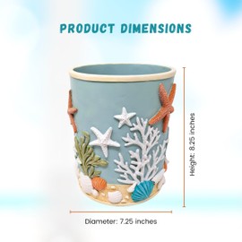 Seaside Splendor Wastebasket-3D Resin Ocean Elements with Seashells & Starfish - Coastal Beach Bathroom or Guest Bath Small Trash Bin - Premium Resin Small Wastebasket for Bathroom, Bedroom, or Office