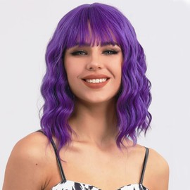Miuric Dark Purple Wig with Bangs Short Wavy Wigs for Women Bob Curly Witch Wig Shoulder Length Women's Colorful Wigs Loose Wave Synthetic Heat Resistant Fiber Wigs for Cosplay Costume Party