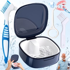 lankai 4 Stück Prothesenbürste Set, Prothesen Reinigung Set, Zahnspange Zahnprothese Aufbewahrungsbox, Tragbare Prothesen Aufbewahrungsbox, Für Falsche Zähne Lagerung Reinigung(Blau, Weiß)