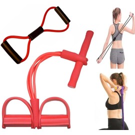 Multifunction Elastic Sit Up Pull Rope Foot Pedal - 4 Tubes Pedal Resistance Band - Chest Expander Ideal Fitness Exercise at Home/Gym - Targeting Arms, Legs & Abdomen for Slimming Training (Red)