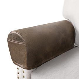 Leather Look Couch Arm Covers Set of 2 Armrest Covers for Sofa Chair Arm Protectors Stretch Armchair Slipcovers with Pockets Washable Spandex Fabric (Medium, Brown)