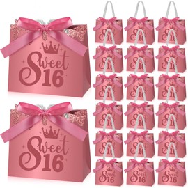 Spakon 50 Pcs Sweet 16 Party Favors for Guests 16 Years Birthday Party Gift Bags with Handles and Ribbons Sweet 16 Candy Bags Birthday Gift Bags Paper Gift Bag for Birthday Decorations