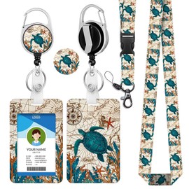 bolimoss Sea Turtle Lanyards with Card Holder, Vintage Badge Holder with Lanyard Retractable Reel Clip, Cute Retractable Keychain Card Name Tag Lanyard ID Card Protector Case for Women Kid