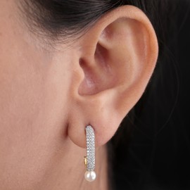 Terra Bella Gold-Plated Sturling Pearl Drop Earrings for Women with Sparkling Round-Cut Zircon Accents | Lightweight Modern Vertical Bar Design | Elegant Jewelry for Weddings, Parties & Daily Wear