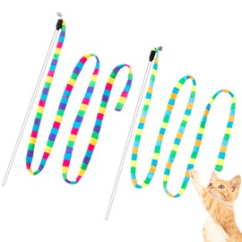 FYNIGO Interactive Cat Rainbow Wand Toys for Indoor Cats and Kittens,Extended Colorful Cat Teaser Wand String Plush Toy,Original Product Strong and Sturdy Pole with Bells(2 Pack)