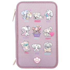 Depesche 12843 TOPModel - Filled 3-Compartment Pencil Case in Purple, with LED and Dog Motifs, Pencil Case with Colouring Pencils, Ruler, Scissors and Much More