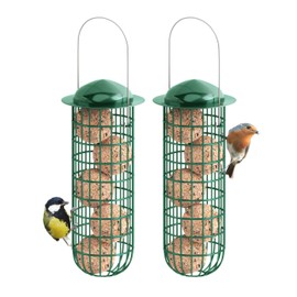 iBorn Pack of 2 Fat Ball Holder, Metal Fat Ball Holder with Roof, Fat Ball Bird Feeder for Hanging, Feeder for Wild Birds, Garden, Balcony, Iron, 26 cm, Green