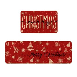 Christmas Kitchen Mat Set of 2, Home for Decor Door Front Floor Rugs Decorations Red Stain Fade Resistant Non-Slip Rubber Backing Rug (17x29 Inch,17x47 Inch)