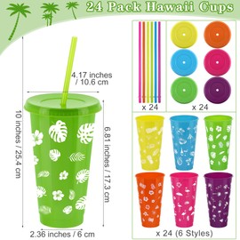 Kochorie 24 Pieces 24 oz Hawaiian Cups Luau Tumbler Cups with Straw and Lid 6 Design Reusable Plastic Travel Mug Cup for Hawaiia Favors, Luau, Tiki