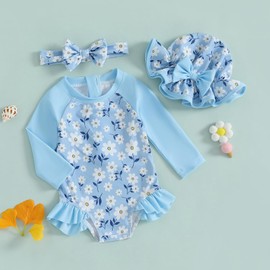 Toddler Baby Girl Swimsuit Long Sleeve Ruffle Floral Print Swimwear Rash Guard Zipper One Piece Bathing Suit with Swim Cap (A-Blue, 2-3T)