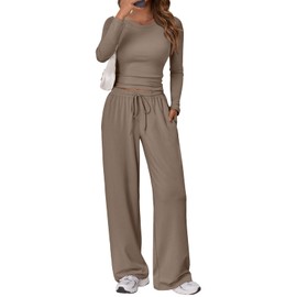 Trendy Queen Women' 2 Piece Matching Lounge Sweat Sets 2025 Fall Fashion Y2K Teen Clothes Long Sleeve Wide Leg Pants Crop Top Airport Travel Outfits Casual Sweatsuit Winter Clothing