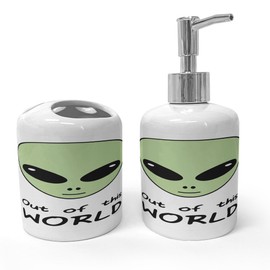 Ambesonne Alien Soap Dispenser & Toothbrush Holder Set, Out of This World Extraterrestrial Creature Outer Space Illustration, Ceramic Bathroom Toiletry Accessories, 2 Pcs, Pale Green Charcoal Grey