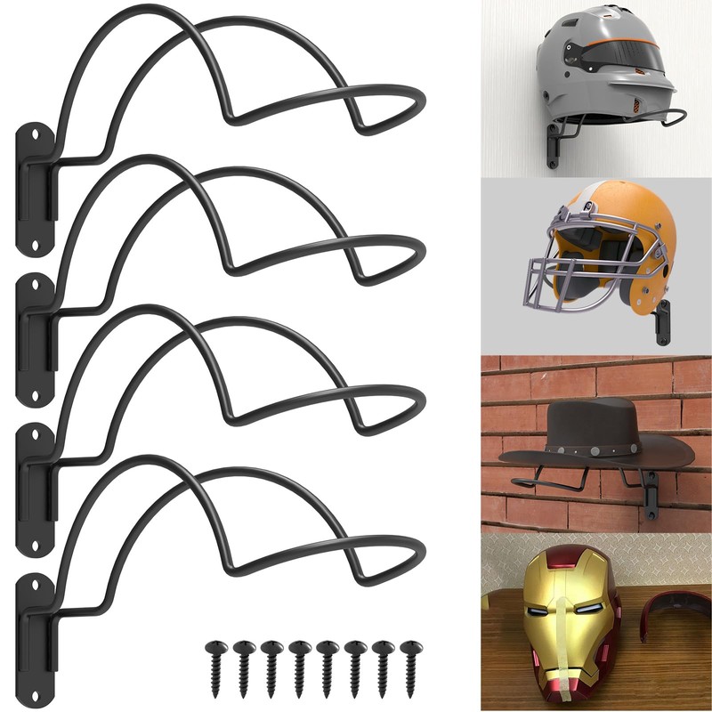 4-Pack Wall-Mounted Multi-Purpose Helmet Storage Display Rack - Durable Metal