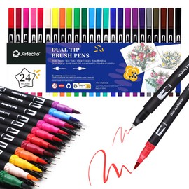 Artecho 24 Dual Tip Brush Pens，Colouring Pens brush pens for Adult，Colouring Books，Calligraphy，Drawing，Sketching, nylon tip for Artists，Beginners