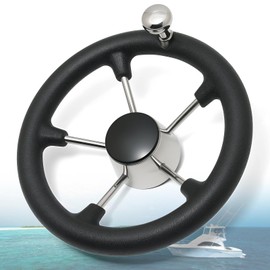 11 inch Boat Steering Wheel Stainless Steel Marine Steering Wheel with Knob fit 3/4 inch Tapered Shaft 5 Spoke Black PU Foam Anti-Slip Destroyer Style for Boats, Yachts, Pontoon Boats