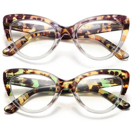 Hubeye 2 Pairs Cat Eye Reading Glasses with Spring Hinge Fashion Blue Light Blocking Computer Readers Cute Ladies Eyeglasses 3.00