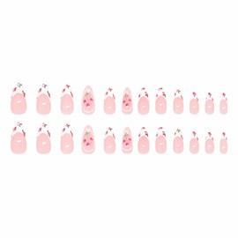 MERVF Almond Press on Nails Medium Fake Nail White French Tip Glue ons Flower Tulip Stiletto Acrylic Elegance Manicure Glossy 24pcs