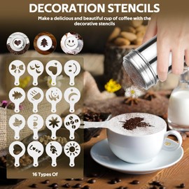 GAOHUI 2 Packs Sugar Shaker, 304 Stainless Steel Powdered Sugar Shaker Flour Duster Set, Spring Flour Sifter with 16Pcs Printing Molds Stencils for baking, Coffee, Sugar, Pepper, Flour