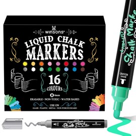 WINSONS Chalk Pens for Blackboards, Whiteboard Pens Black, Eraserble Liquid Chalk Pens for Chalk Board, Window, Bistro Boards, Art Menu Board, 16 Colours